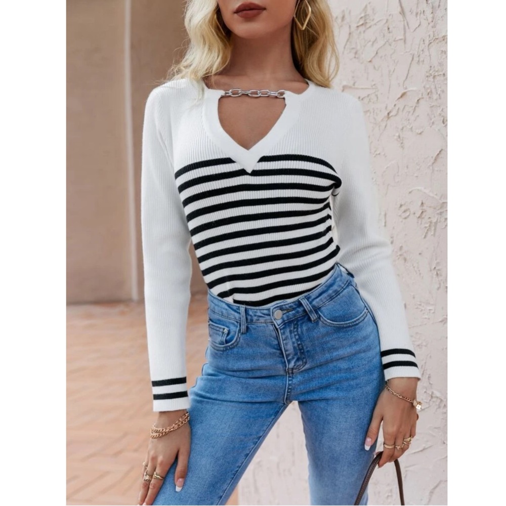 Striped Ribbed Chain Detail Sweater